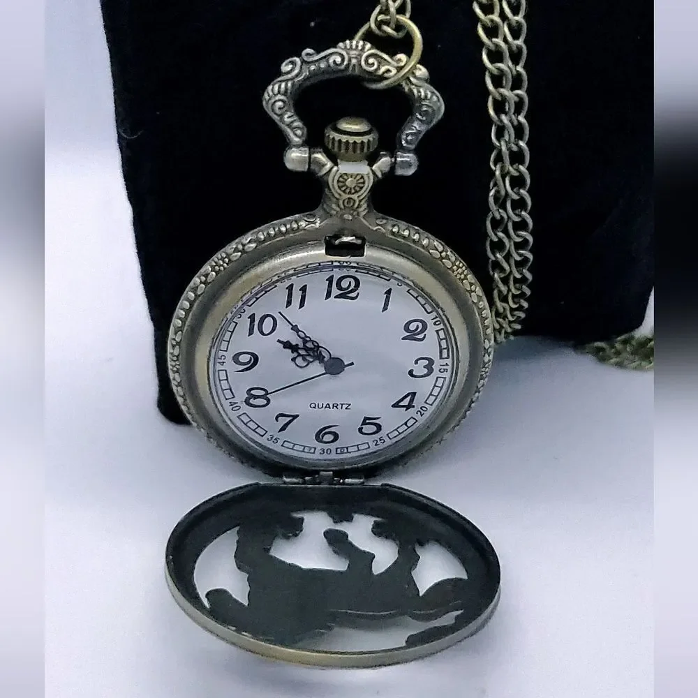 Horse Pocket Watch Antique Bronze Raised Stallion Quartz Chain Western Vintage